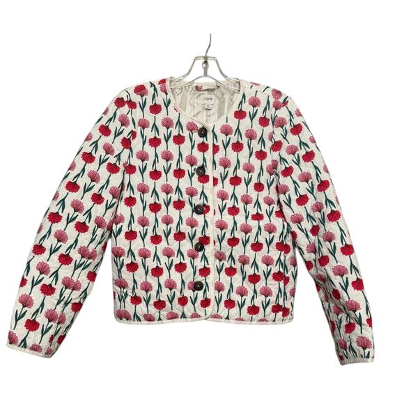 J.Crew Quilted Floral Jacket Pink Red Flowers Button Front Cotton Coat Medium 8 - Picture 7 of 10